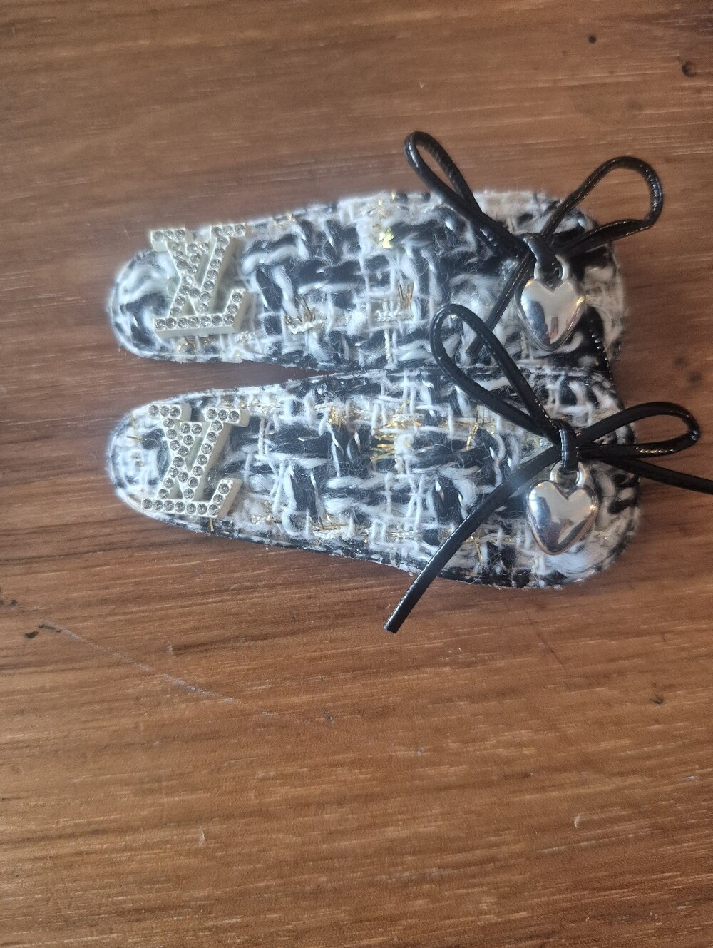 Kids Black and White Tweed Slip-On Shoes with Heart Charm